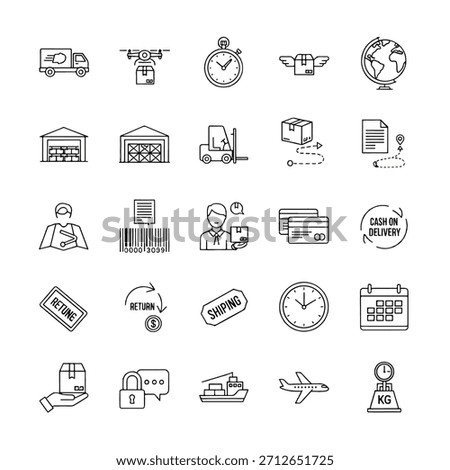 Grid of thin-line delivery and logistics icons showing trucks, drones, packages, clocks, warehouses