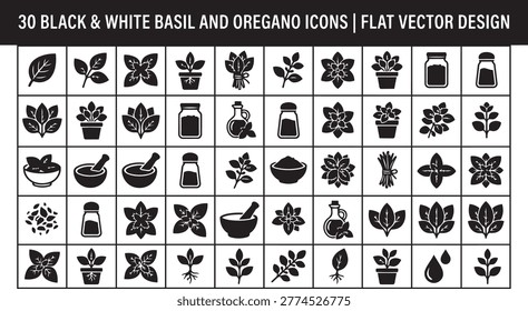 A grid of thirty black and white basil and oregano icons. Features various forms including leaves, potted plants, jars, bowls, pestles, mortars, and seed illustrations in a flat vector design.