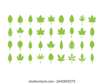 A grid of thirty-two green leaf silhouettes is displayed against a clean white background.
