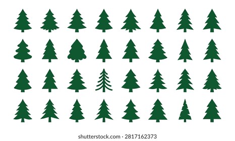 A grid of thirty-two green pine tree silhouettes in different shapes and sizes, representing various conifer species on a white background.