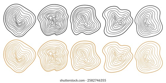 Grid tree rings pattern. Wooden rings vector. Organic texture shapes outline illustrations. Concentric hand drawn cut of tree trunk, abstract tree rings set, wavy rings. Tree cutting stamp