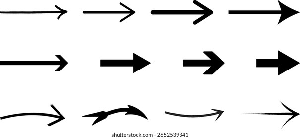 Uma grade de doze setas pretas em um fundo branco, mostrando vários estilos desde linhas simples até desenhos curvos e estilizados.