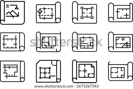 A grid of twelve black line art icons depicts various rolled blueprints. Each icon features a rolled sheet of paper displaying simplified architectural plans with lines representing walls, rooms, and 