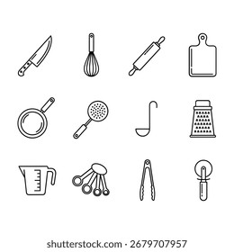 Una cuadrícula de doce ilustraciones de contorno negro de utensilios de cocina sobre un fondo blanco liso.  