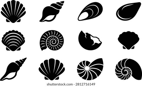 A grid of twelve black silhouette depicting various seashells, including scallops, conch shells, a nautilus shell, and a broken shell, all on a white background.