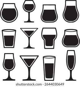 A grid of twelve black silhouette icons depicting various types of drinkware including wine glasses, cocktail glasses, and tumblers on a white background. Simple line art style.