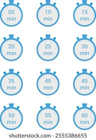 Grid of twelve blue stopwatch icons with labeled time intervals ranging from 5 to 60 minutes, ideal for time management and scheduling designs.