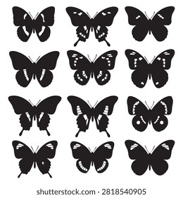 Grid of twelve butterfly silhouettes with intricate negative space wing markings representing various types of lepidoptera. Detailed vector set ideal for scientific illustration nature conservation posters spring seasonal graphics tattoo stencils and artistic pattern creation for print media.