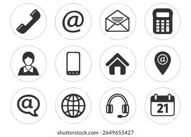 A grid of twelve circular icons, each featuring a simple black silhouette on a white background. The icons represent various communication and business elements including a telephone handset, an at sy
