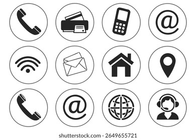 Uma grade de doze ícones circulares, cada um contendo um símbolo de silhueta preta em um fundo branco. Os ícones representam várias formas de comunicação e contato, incluindo um aparelho telefônico, uma impressora