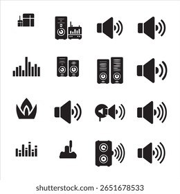 A grid of twelve distinct black audio and speaker symbols presented on a clean white backdrop.