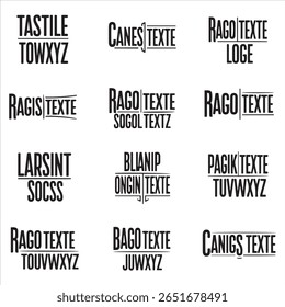 Uma grade de doze designs de texto preto distintos, cada um com letras exclusivas e destaques de linhas horizontais.