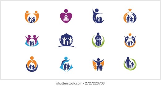 Uma grade de doze desenhos de logotipo distintos com figuras humanas estilizadas representando famílias, unidade, cuidado e proteção dentro de várias formas abstratas coloridas e símbolos, todos colocados contra um fundo branco limpo