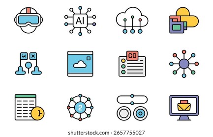 A grid of twelve flat design icons in various colors including blue, red, yellow, green, and purple, representing technology and business concepts.