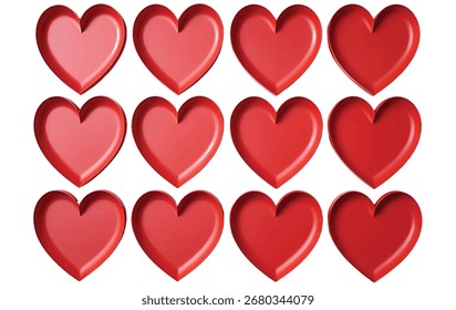 Una cuadrícula de doce Formas de corazón rojo brillante dispuestas en tres filas sobre un fondo blanco. Formato de Vector escalable adecuado para medios impresos y digitales.