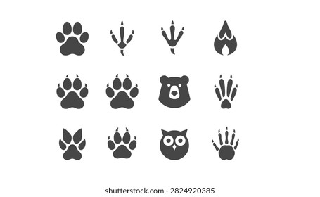 Grid of twelve grey flat icons showing various wild animal paw prints, bird tracks, and cute bear and owl faces.