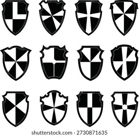 Grade de doze ícones de escudo heráldico com padrões geométricos em preto e branco, ideal para design, simbolismo ou educação