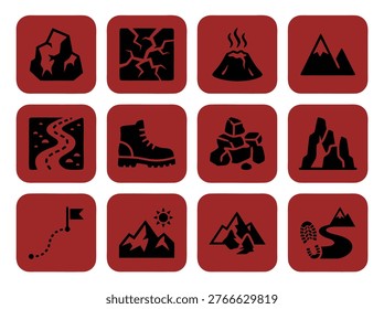 A grid of twelve red square icons representing outdoor adventure and nature themes.