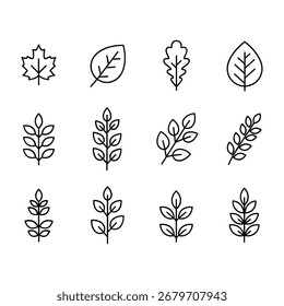 Una cuadrícula de doce simples dibujos de líneas negras de hojas y ramas sobre un fondo blanco liso.  