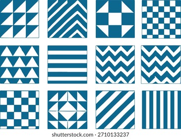 Una cuadrícula de doce paneles cuadrados, cada uno con un patrón geométrico único en azul y blanco, que muestra varios diseños abstractos y motivos repetitivos.