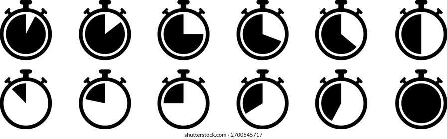 Uma grade de doze ícones de cronômetro, cada um exibindo um único segmento de tempo, de quase vazio a totalmente decorrido.