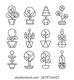 Una cuadrícula de doce plantas estilizadas en macetas renderizadas en arte de línea negra sobre un fondo blanco.  