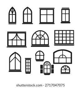 Uma grade de doze ícones de janela exclusivos com várias formas, painéis e estilos decorativos — ideais para arquitetura, design de interiores e visuais de construção.