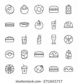 Grid of twenty five minimal black outline snack and beverage icons evenly spaced on white background