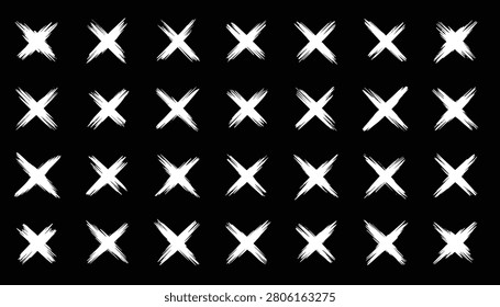 Grid of twenty-eight white grunge brush stroke cross marks and X symbols on a solid black background vector graphic.
