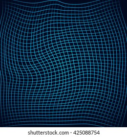 Grid with twisting and distorted surface. Abstract dark futuristic techno background. Vector illustration. Wavy mesh with rectangular cell.