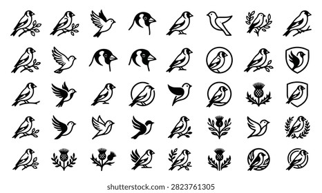 A grid of various bird and thistle icons, presented in a clean, minimalist style with black outlines on a white background.