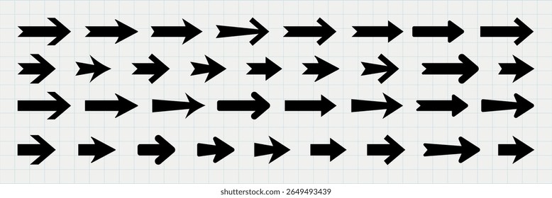 Uma grade de vários ícones de seta preta apontando em direções diferentes, exibidos em um plano de fundo claro. As setas variam em estilo e espessura. Vetor de elemento definido.
