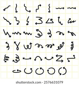 A grid with various black arrows on a yellow background. Arrows point in different directions, showcasing movement. Curved, straight, and zigzag arrows are visible. Element vector set.