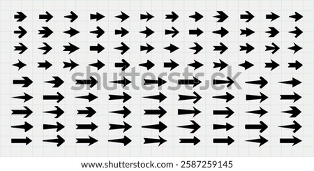 A grid of various black arrows pointing in different directions on a white background. Arrows in multiple styles, shapes, and sizes, arranged neatly in rows. Element vector set.