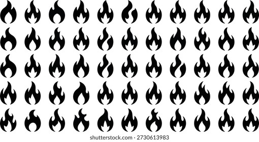 A grid of various black fire flame icons representing warmth, heat, danger, and energy on a bright white backdrop.