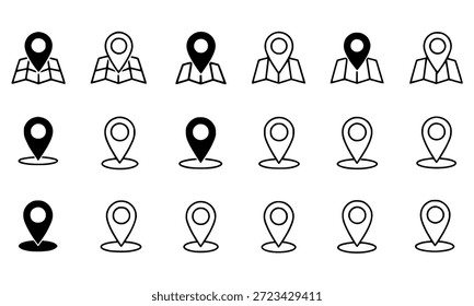 Una cuadrícula de varios gráficos de líneas en blanco y negro e íconos de pines de ubicación rellenos sólidos, algunos que representan un pin en un mapa plegado y otros como marcadores independientes, que representan la navegación, las Direcciones y los puntos geográficos para interfaces digitales y aplicaciones de Web