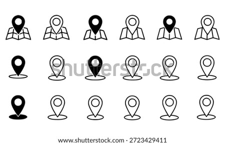 A grid of various black and white line art and solid filled location pin icons, some depicting a pin on a folded map and others as standalone markers, representing navigation, addresses, and geographic points for digital interfaces and web applications