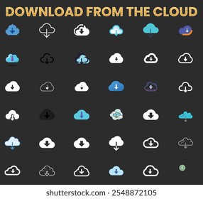 Una cuadrícula de varios íconos de Descarga en la nube. 


Los iconos están dispuestos en un patrón de cuadrícula cuadrada. Cada icono representa una nube con una flecha que apunta hacia abajo, simbolizando el concepto de descarga desde el