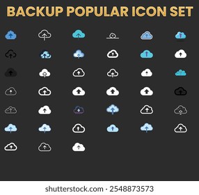 Ein Raster mit verschiedenen Cloud-Upload-Symbolen. 


Die Symbole bestehen aus einer Cloud-Form mit einem nach oben zeigenden Pfeil im Inneren, der die Aktion des Hochladens von Daten in einen Cloud-Speicherdienst darstellt. 


Die Symbole variieren