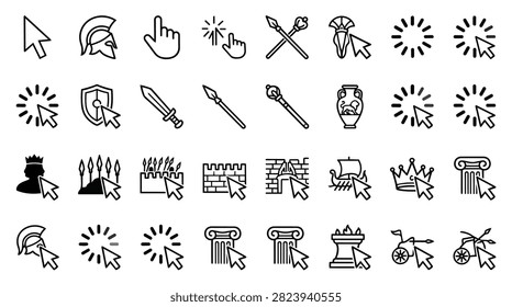 A grid of various computer mouse cursor icons paired with historical symbols like helmets, swords, and crowns.