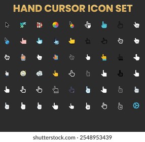 Uma grade com vários ícones de cursor. 


Os ícones são organizados em uma matriz de linhas e colunas. Cada ícone representa um tipo de cursor diferente, com variações de cor e estilo. 


Alguns ícones são preenchidos com