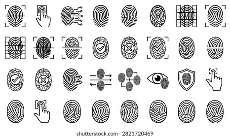 A grid of various fingerprint icons and security symbols representing identification and authentication methods.