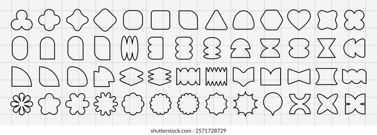 Grid with various geometric shapes. Shapes include circles, squares, triangles, and stars. Geometric shapes in a neat, organized grid pattern. Black shapes, vector element set.