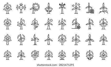 A grid of various hand drawn wind turbine icons and symbols representing renewable energy.
