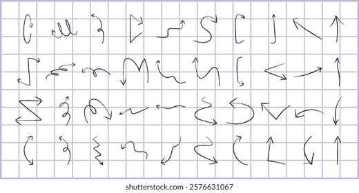 Grid with various hand-drawn arrows. Arrows pointing in different directions. Sketchy arrows with curves and angles. Diverse arrow styles on grid. Element vector set.