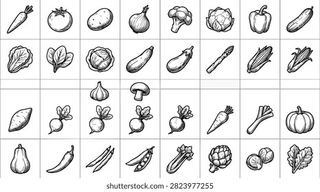 A grid of various hand-drawn vegetable icons presented in a simple sketch style, showcasing different produce.