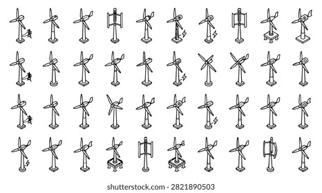 A grid of various hand-drawn wind turbine icons and symbols representing renewable energy generation.