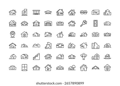 A grid of various house and building icons in black outline.