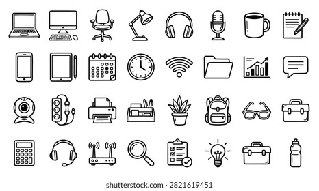 A grid of various office and technology related icons drawn in a clean line art style on a white background.