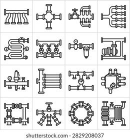 A grid of various plumbing and industrial pipe fittings and valves shown as line art icons.